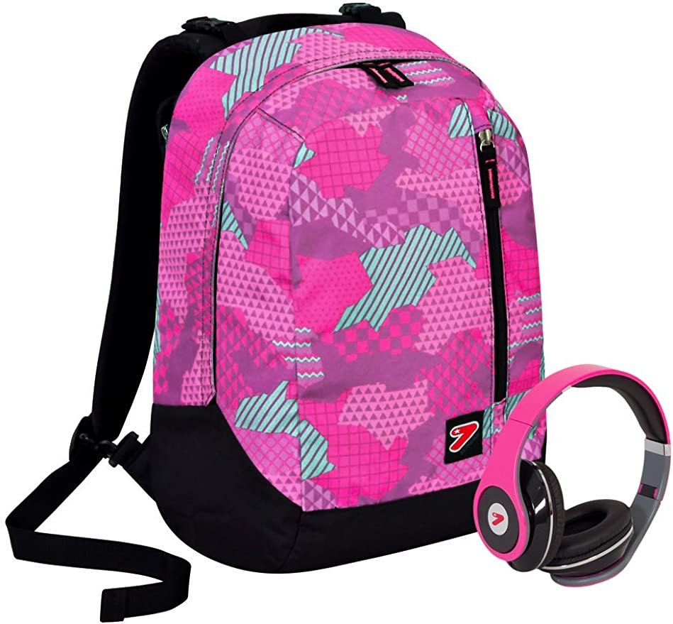 Zaino SEVEN THE DOUBLE - CAMOUFLAGE - Rosa Viola Azzurro - cuffie stereo con grafica abbinata incluse! 2 zaini in 1 REVERSIBILE